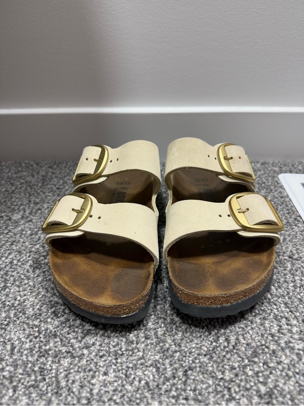 Cream Double Gold Buckle Birkenstock Slides
